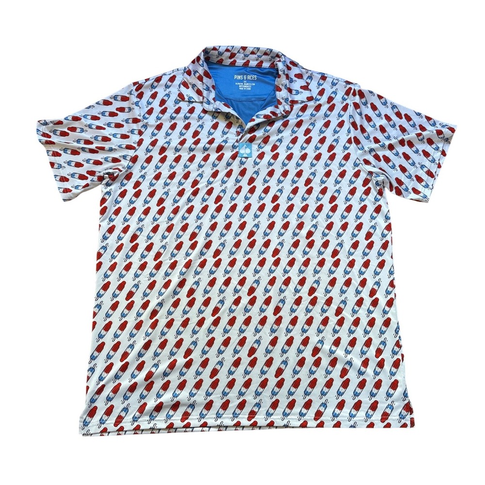 Pins & Aces‎ Golf Polo Mens White Red Blue Popsicle Print Excellent SIZE XXL